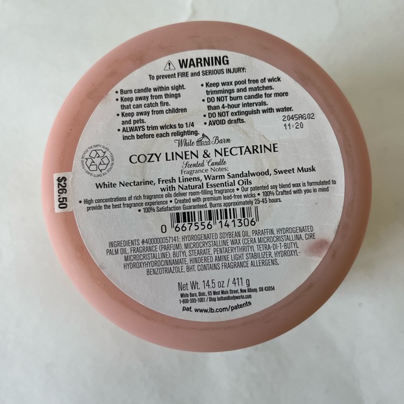 Bath and Body Works White Barn Cozy Linen & Nectarine 3 Wick Candle Never Burned - Picture 3 of 4